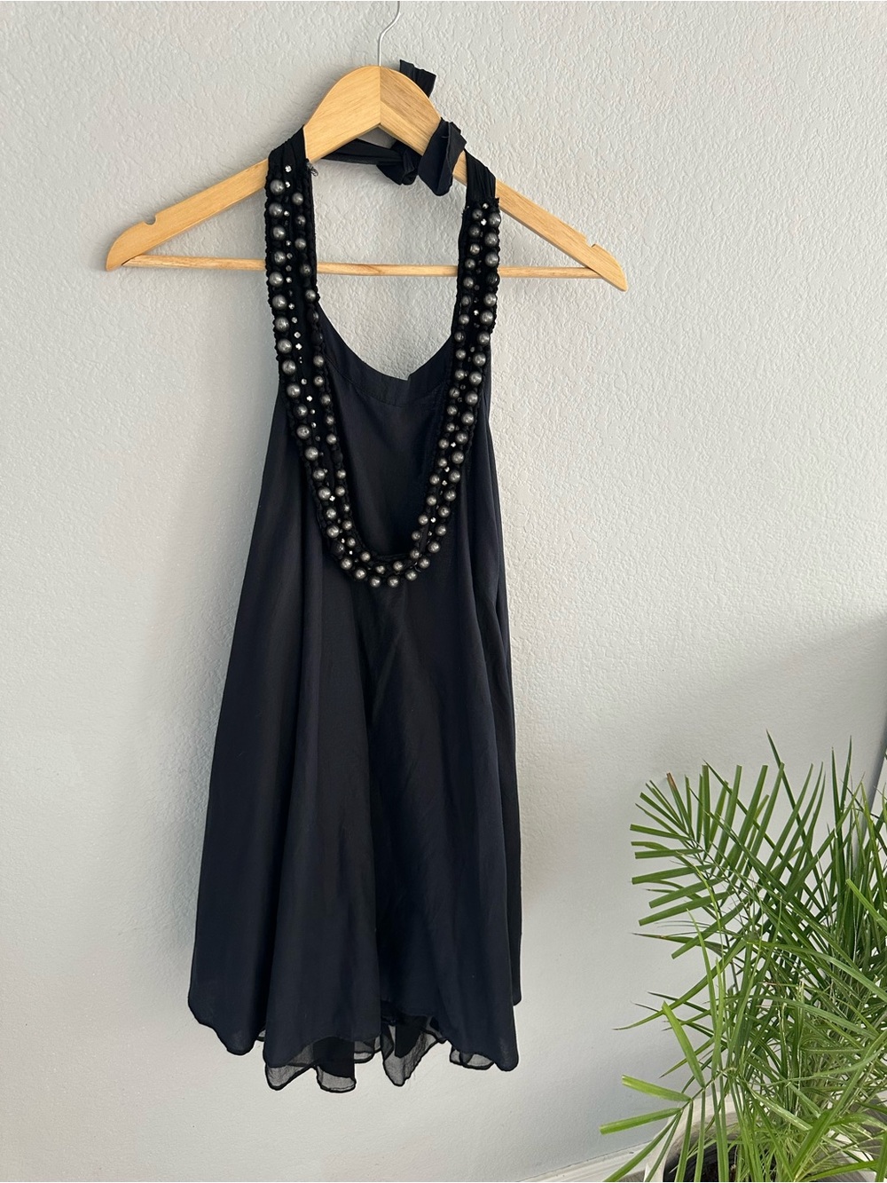 Beaded Halter Backless Mini Dress navy black